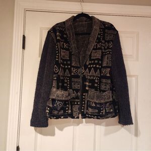 K.D. Sweaters Vintage black and beige reversible patterned sweater jacket L